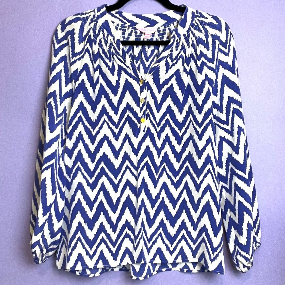 Lilly Pulitzer 100% Silk Blue White Chevron Elsa